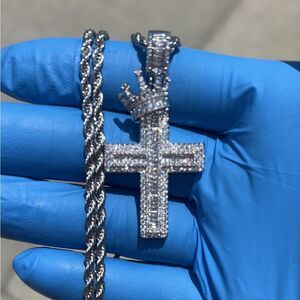 Iced Out Crown Cross Silver Rope Chain